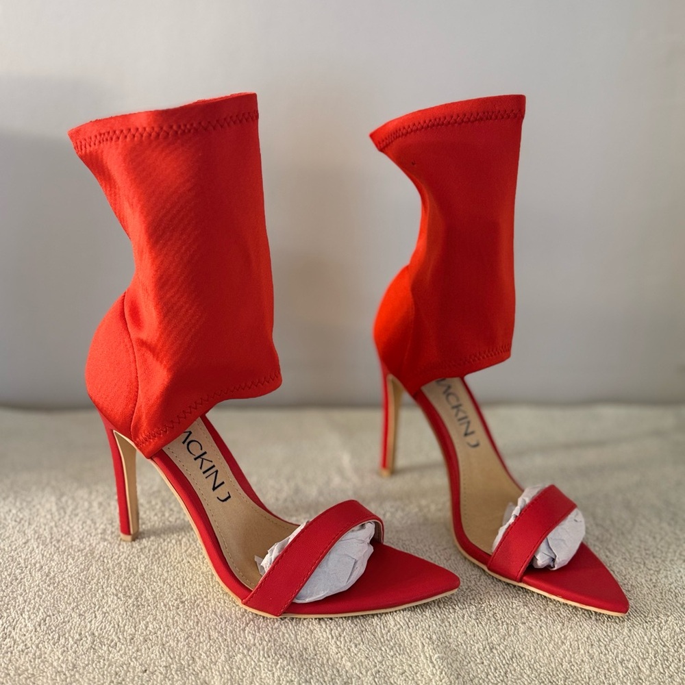 Mackin J Red Stiletto open toe Heel Sock Boots